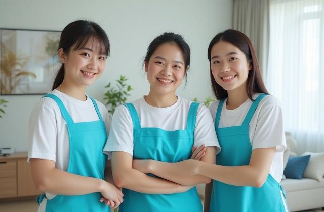 Fuyoku Cleanのプロフェッショナルな清掃チームが笑顔で協力し合っている様子