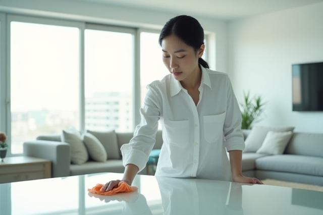 家庭で掃除する日本人女性